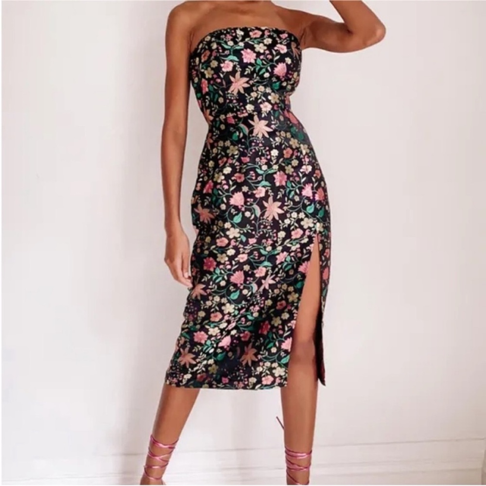 Lulu's Black Strapless Floral Midi Dress with Pink & Green Accents